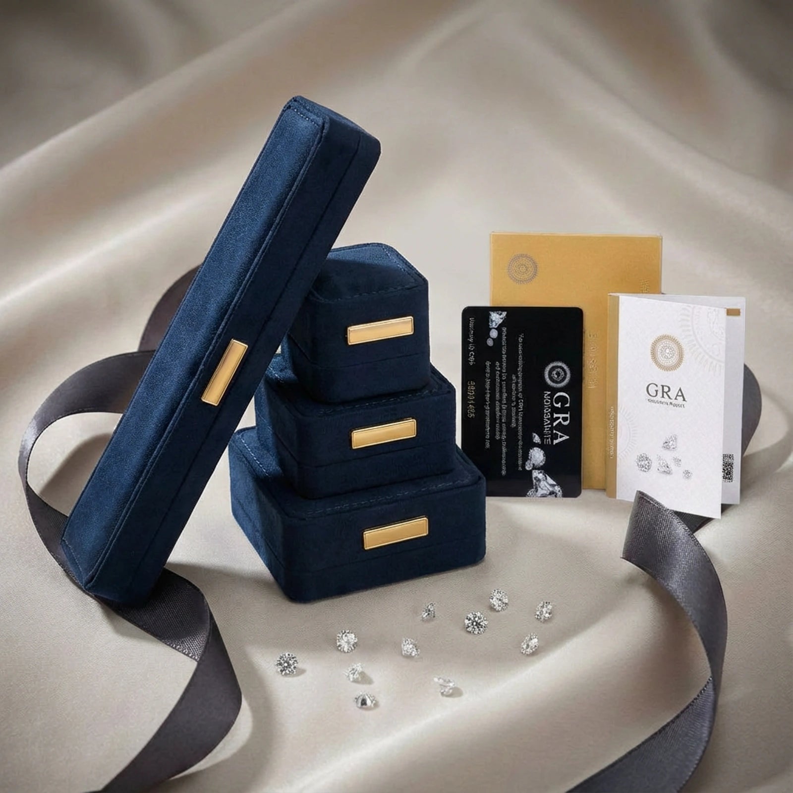 Close-up of sterling silver halo ring with round rainbow moissanite center stone surrounded by baguette-cut stones