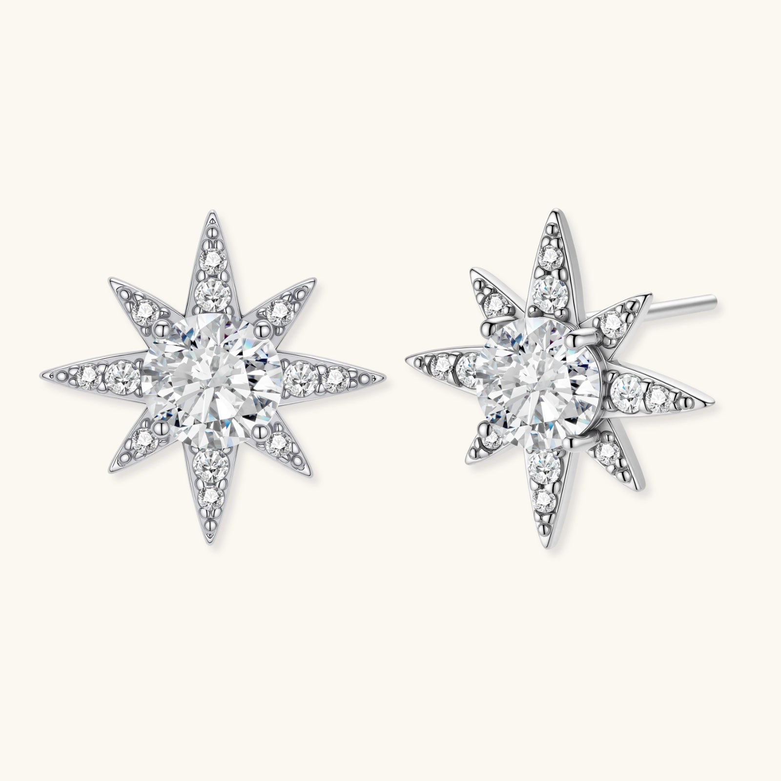 Sterling silver star-shaped stud earrings with brilliant moissanite center stones and pavé details on neutral background.
