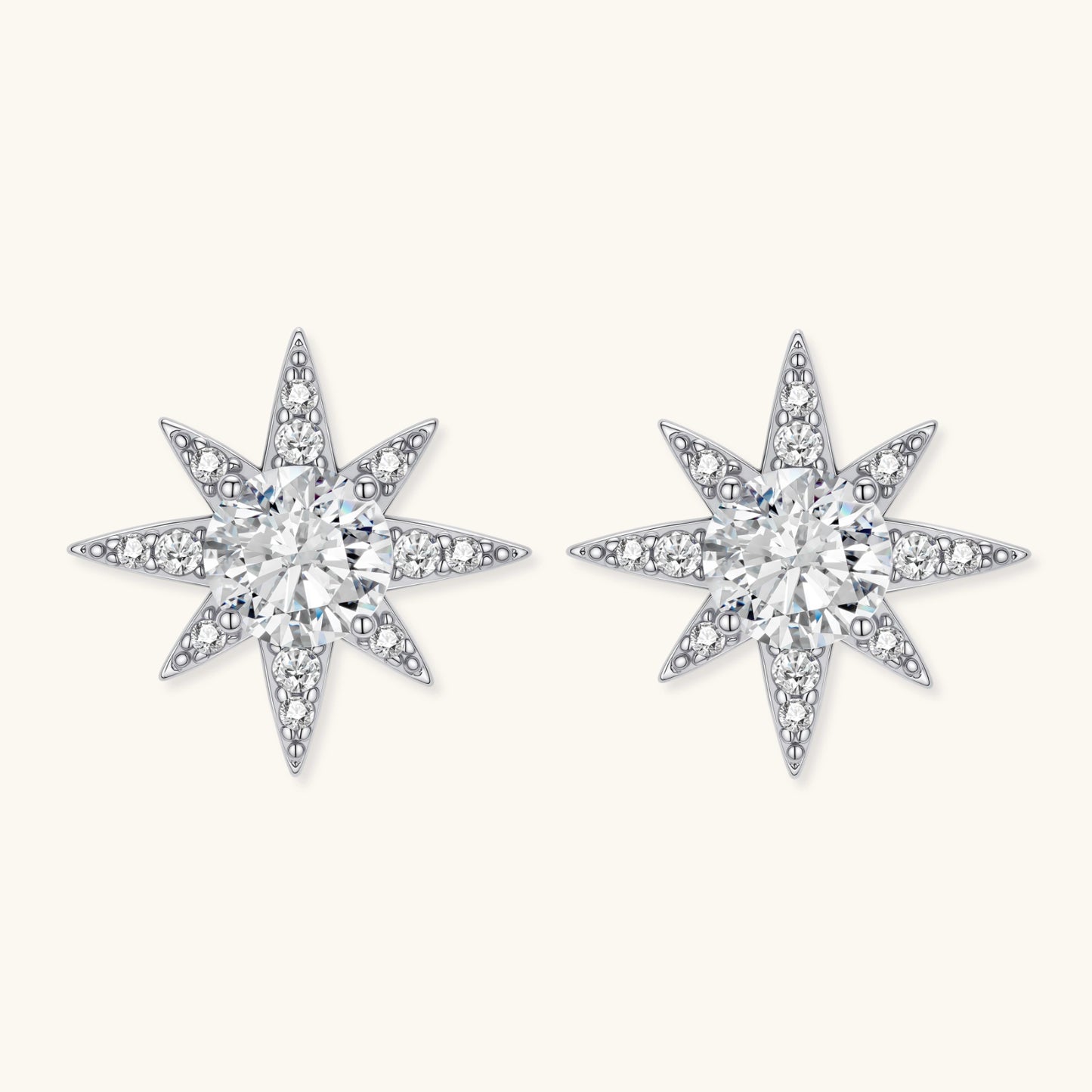 Sterling silver star-shaped stud earrings with brilliant moissanite center stones and pavé details on neutral background.